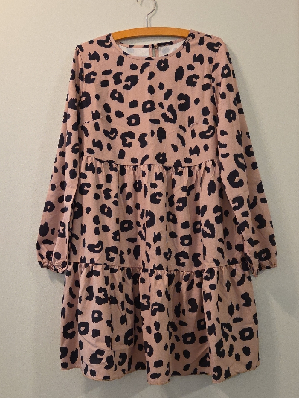 Womens Tan Leopard Print Long Sleeve Smock Dress